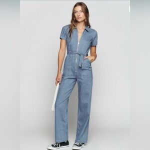 Reformation Cassidy Denim Jean Striped Zip Jumpsuit